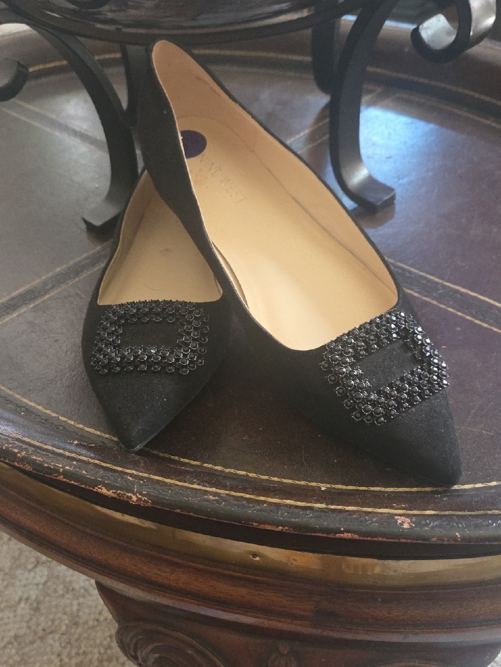 Nine West Black Pointed Toe Flats with Crystal Buckle